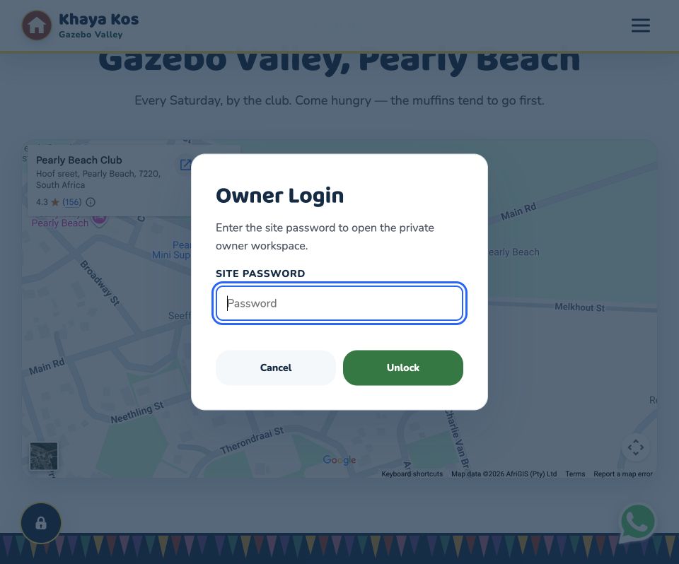 Khaya Kos owner login window with the password field and Unlock button