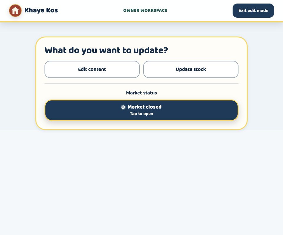Owner workspace with Edit content, Update stock and Market status controls