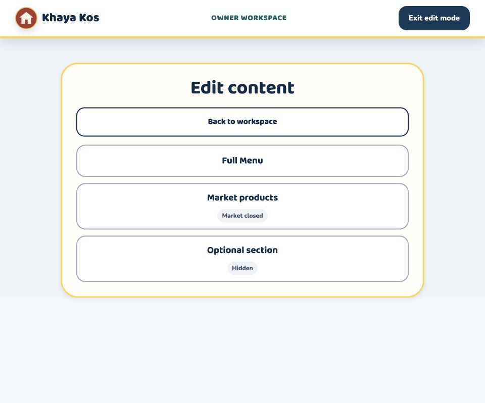Edit content screen with Full Menu, Market products and Optional section choices
