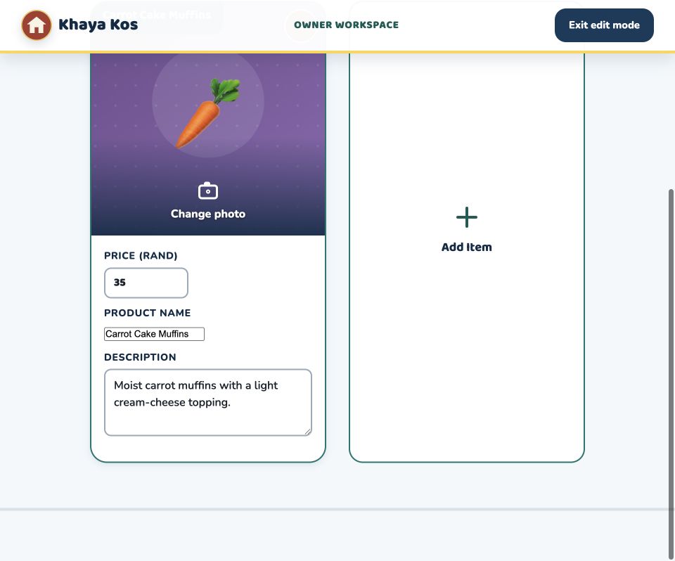 Editable product card showing Change photo, price, product name and description controls